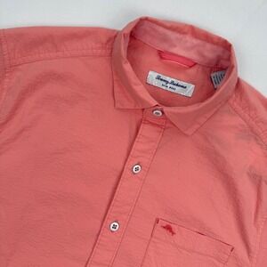 Tommy Bahama Nova Wave Seersucker‎ Stretch Button Up Shirt Short Sleeve Coral S